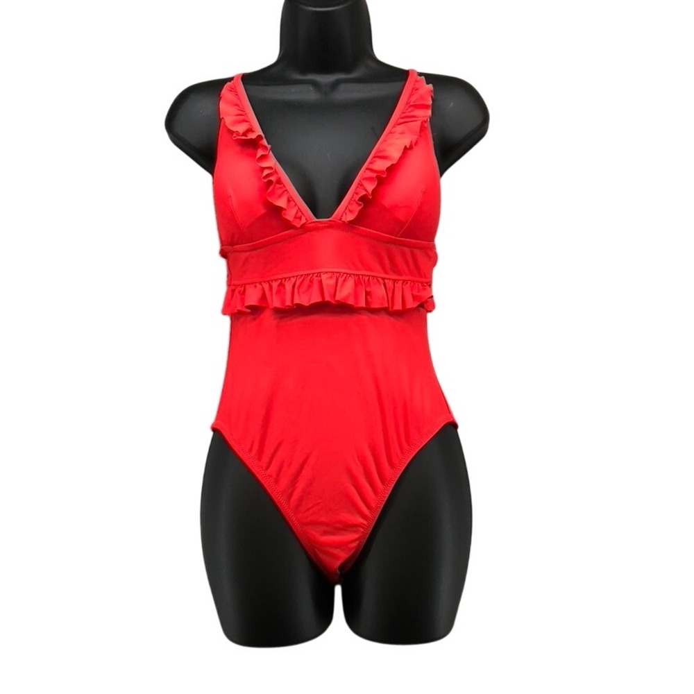 J.Crew Ruffle One-Piece Swimsuit Women Size 6 Red AG741 V-Neck Adjustable Straps